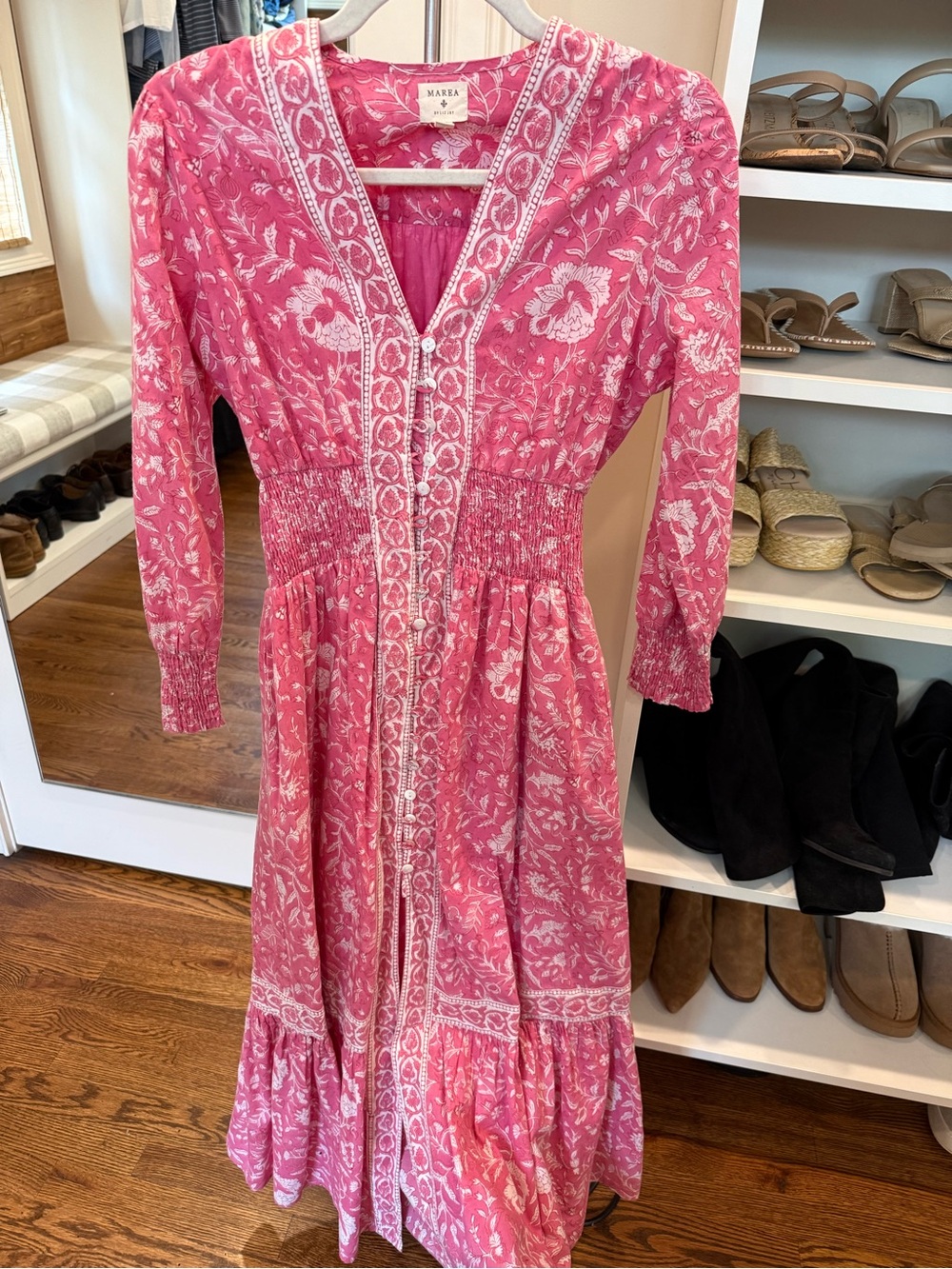 Marea by Liz Joy Pink Floral Long-Sleeve Midi Dress with Smocked Waist